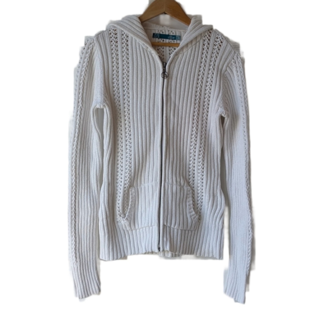 Vintage White Knit Hooded Zip-Up Sweater Size M